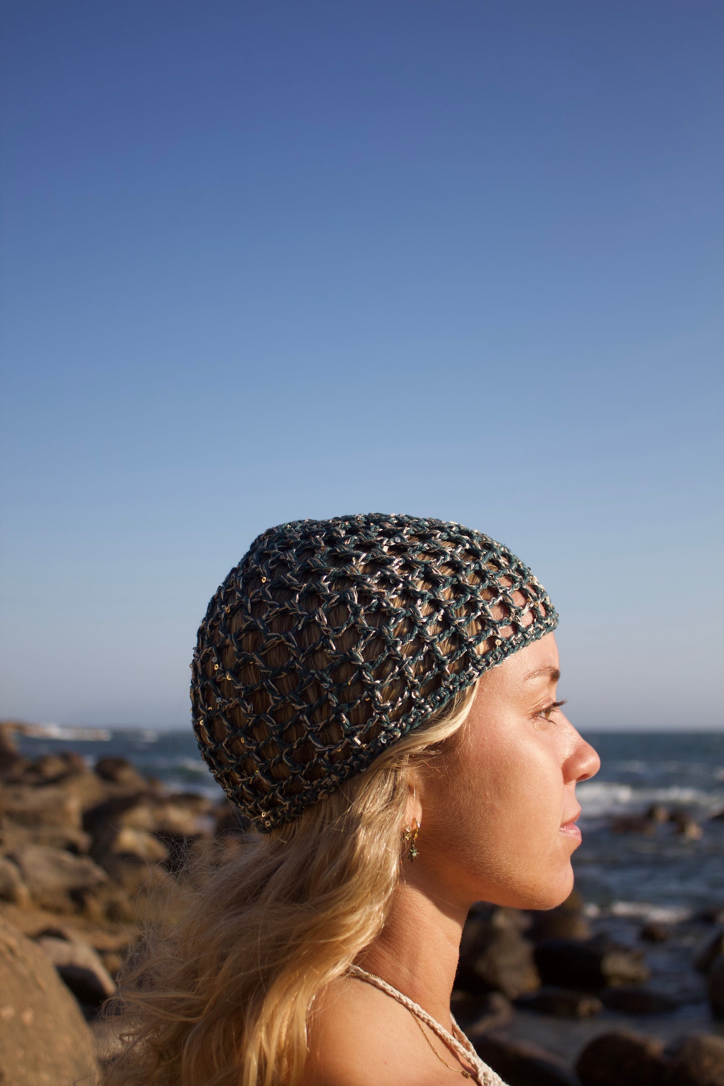 Touca Boho Azul Petróleo Brilhante