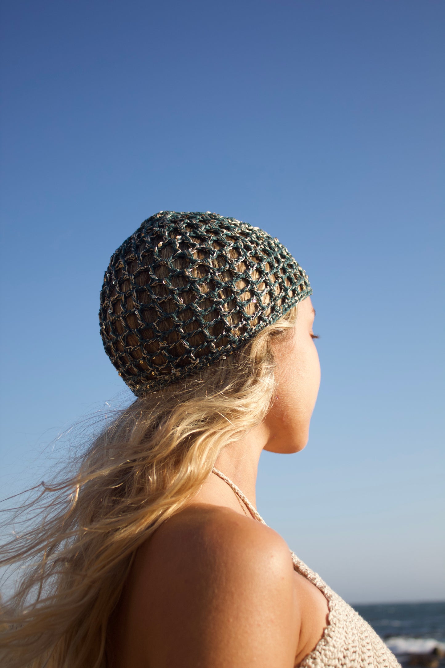 Touca Boho Azul Petróleo Brilhante